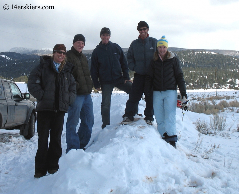 Skiing fourteeners involves collaboration.  That's how these five fourteener-skiing finishers ended up on Culebra together.  This photo shows the celebration at the end.  In this photo: Christy Sauer Mahon, Jordan White, Ted Mahon, Frank Konsella, Brittany Walker Konsella.