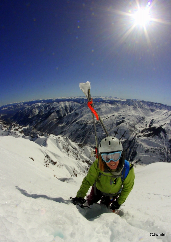 Brittany Konsella ascending Pyramid Peak.