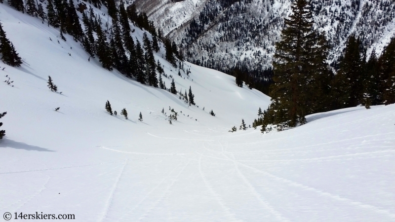 Backcountry skiing Birthday Chute in the Gore Range. 