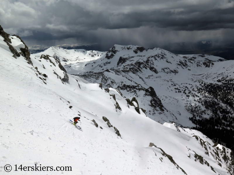 Frank Konsella backcountry skiing Northstar Couloir on North Arapahoe Peak. 