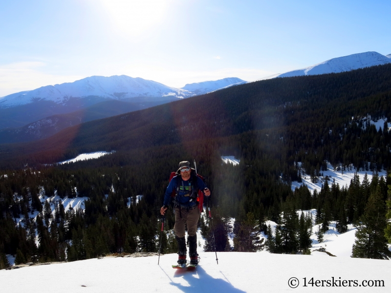 Zach Taylor backcountry splitboarding on Pacific Peak. 