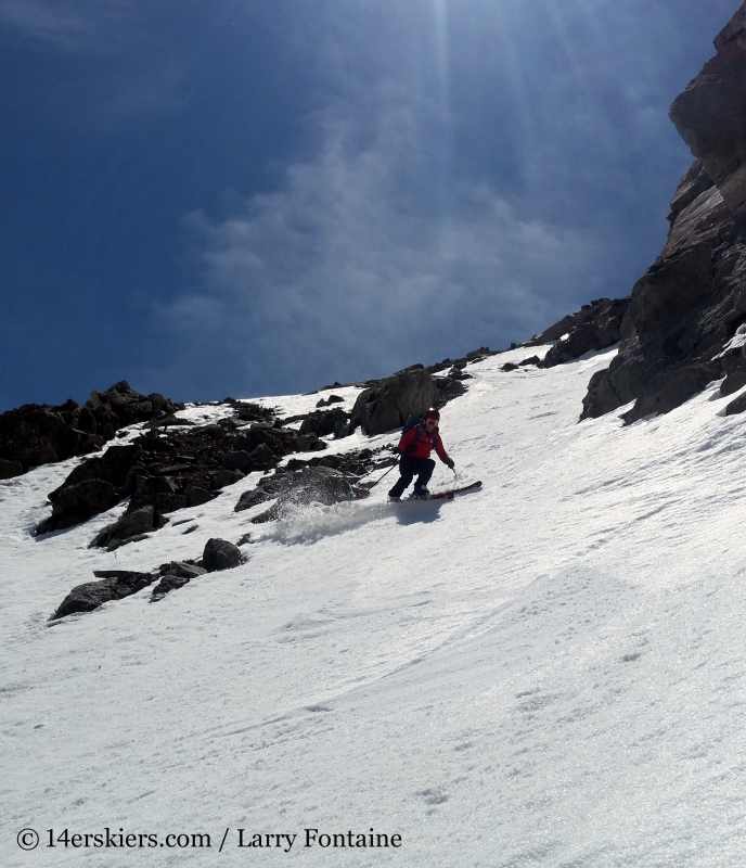 Brittany Konsella backcountry skiing Polaris Couloir on North Star Mountain.