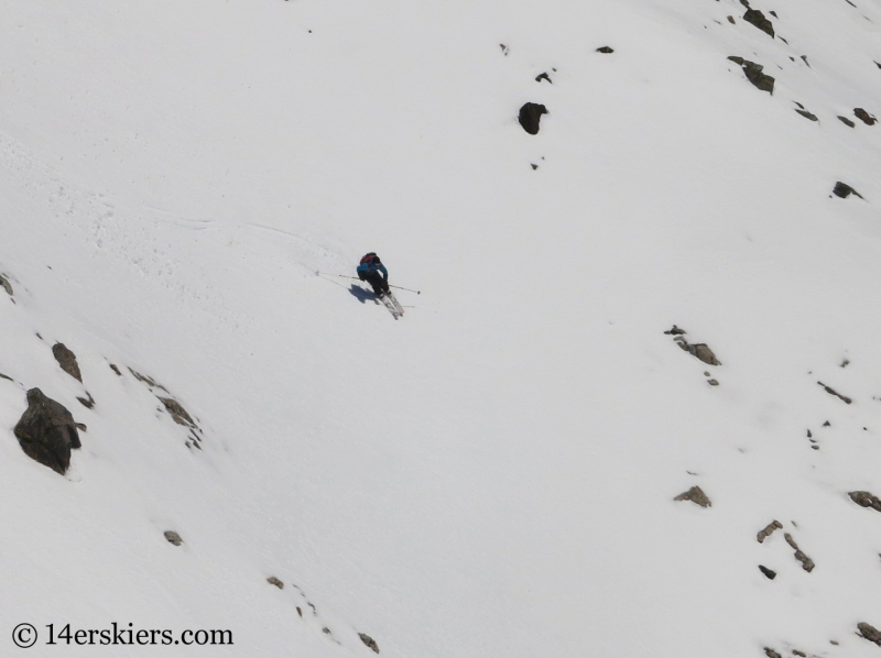 Larry Fontaine backcountry skiing Cristo Couloir on Quandary Peak.