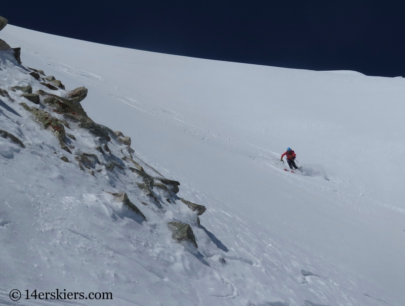 Sue King backcountry skiing the Elbow on Mount Sopris.