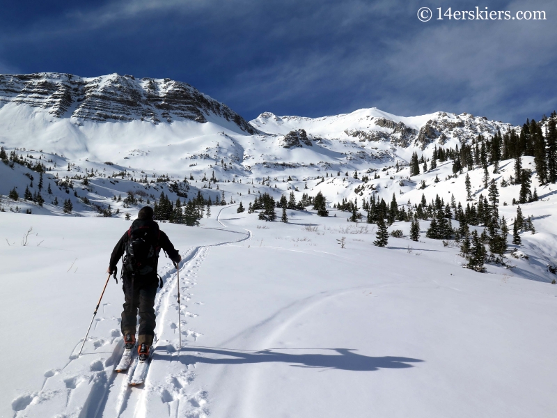 Skinning up Baxter Gulch while backcountry skiing in Crested Butte