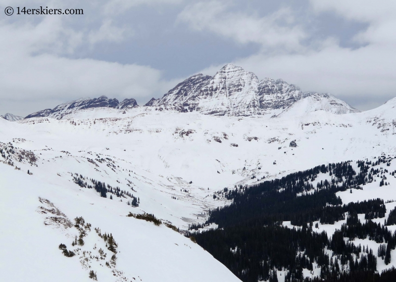 Maroon Bells seen while backcountry skiing in Crested Butte. 