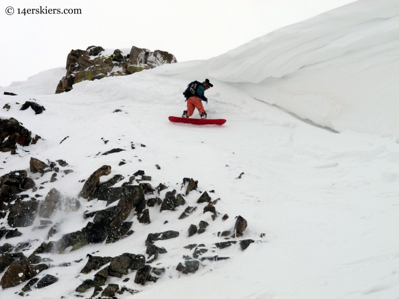 Susan Mol entering the northeast couloir on Mount Arkansas