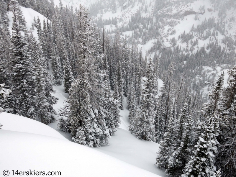 Backcountry skiing the Bear Lake Zone Dream Shots in Rocky Mountain National Park.