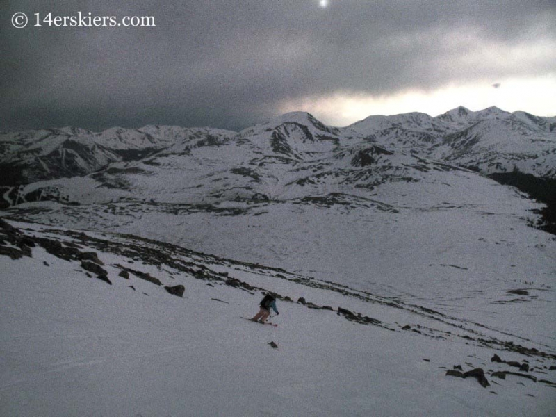 Brittany Walker Konsella backcountry skiing on Mt. Bierstadt.