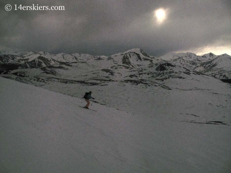 Brittany Walker Konsella backcountry skiing on Mt. Bierstadt.