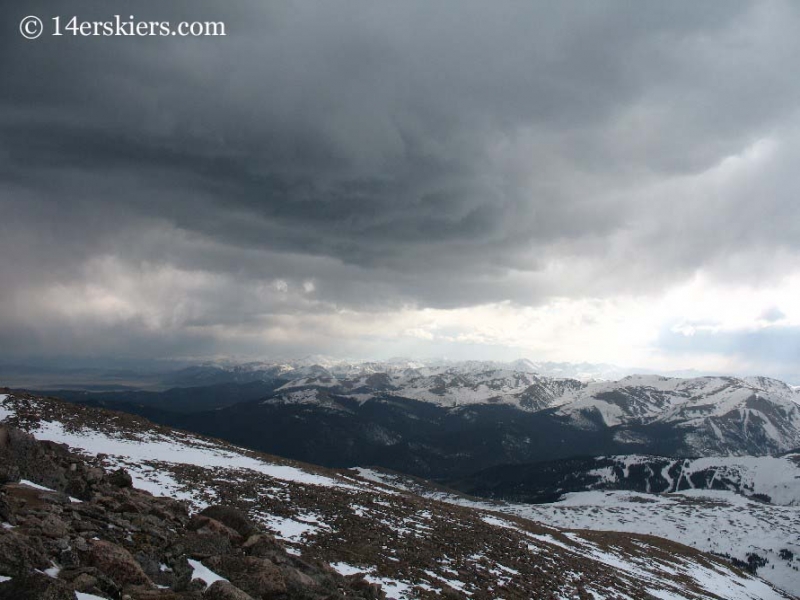 Storm clouds approaching on Mt. Bierstadt. 