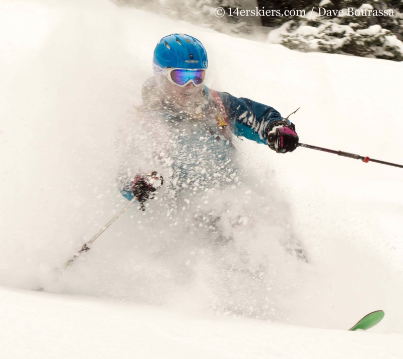 Brittany Konsella getting powder while backcountry skiing in Crested Butte.