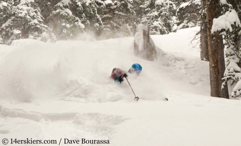 Brittany Konsella getting powder while backcountry skiing in Crested Butte.