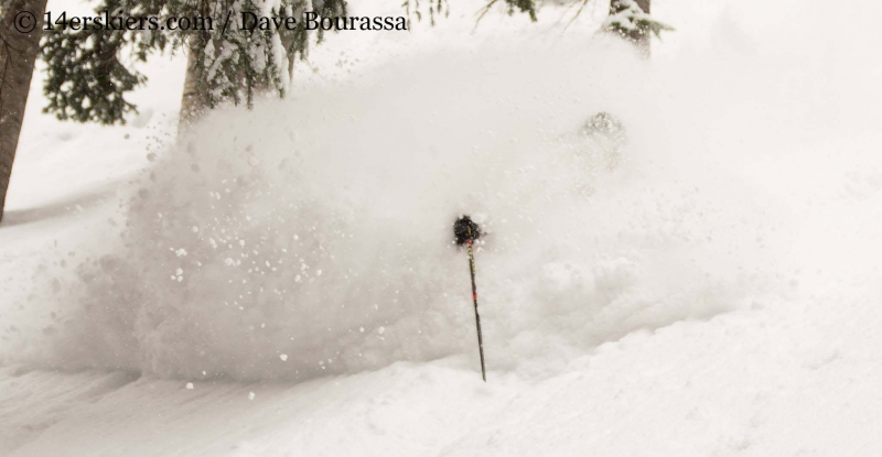 Frank Konsella getting powder while backcountry skiing in Crested Butte.