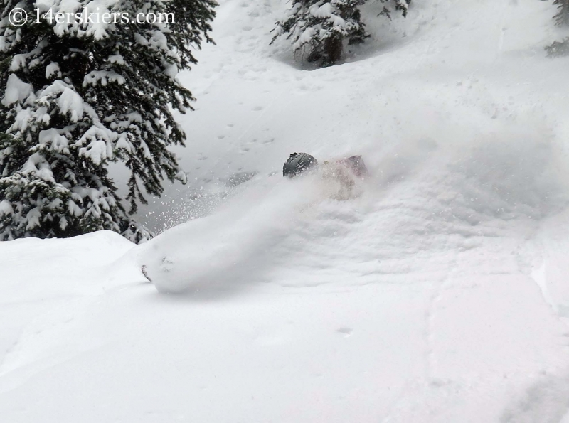 Frank Konsella getting powder while backcountry skiing in Crested Butte.