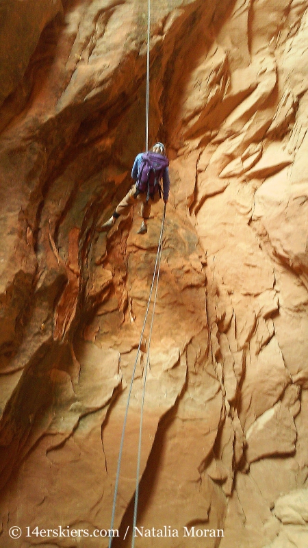 Third rappel, Lost and Found, canyoneering in Arches National Park.