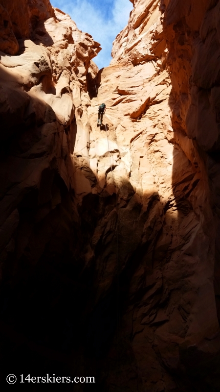 Third rappel, Lost and Found, canyoneering in Arches National Park. 