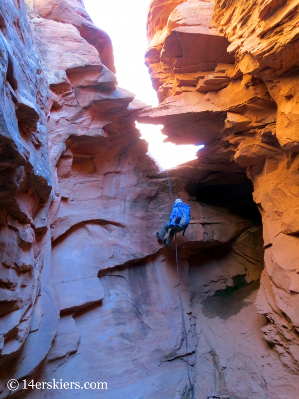 First rappel on Lost and Found, canyoneering in Arches National Park. 