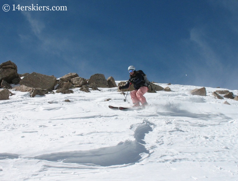 Brittany Walker Konsella skiing from the summit of Mount Columbia.