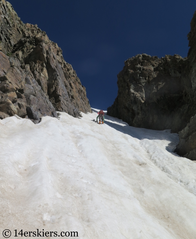 Larry Fontaine climbing Conundrum Couloir. 