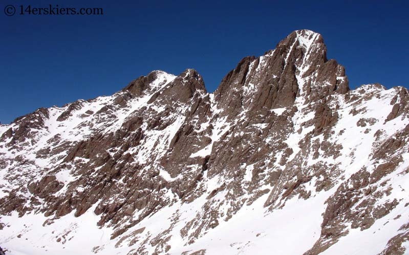 Crestone Peak and Crestone Needle in winter in the Sangre de Cristos.