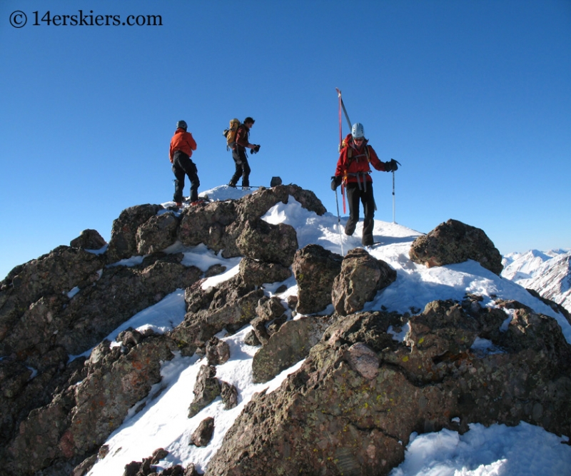 Frank Konsella, Chris Webster, and Pam Rice on the summit of Crestone Peak.  