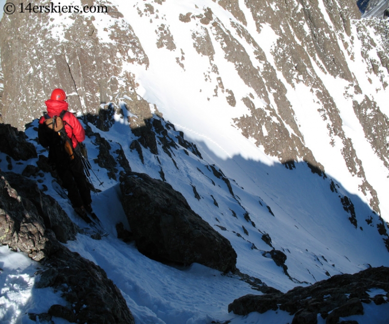 John Jasper at the start of the south couloir Crestone Peak ski. 