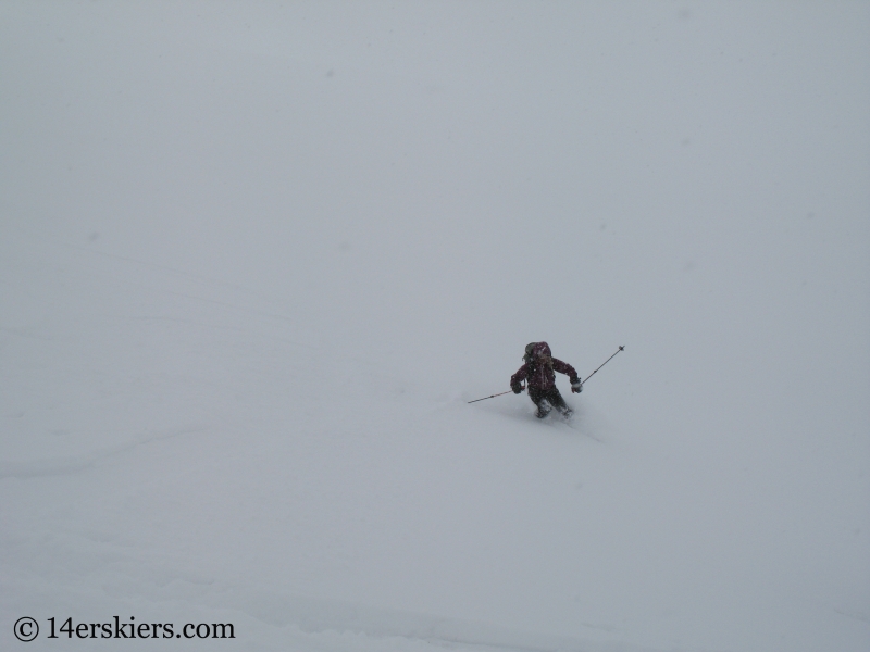 Christy Mahon backcountry skiing on Culebra Peak. 