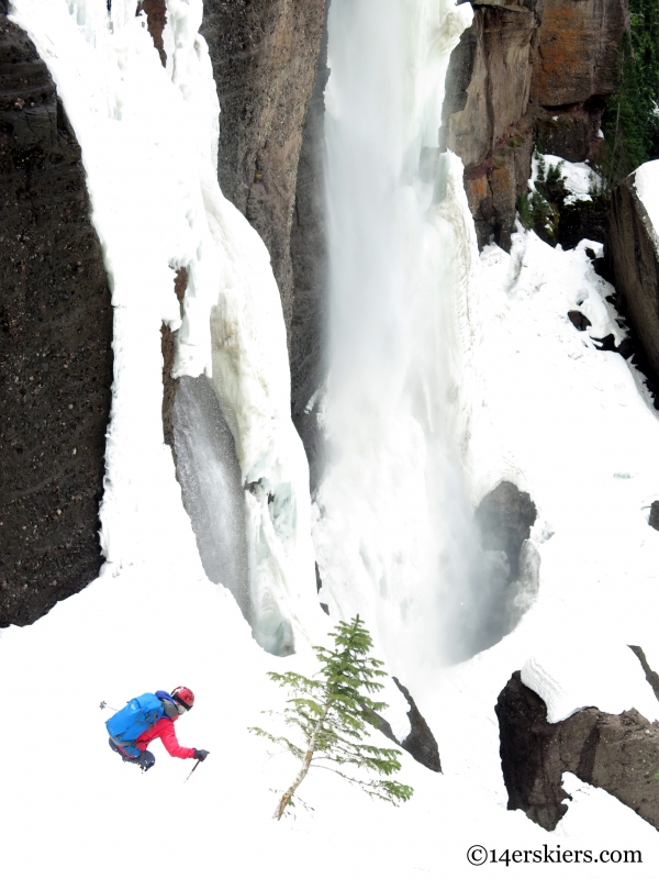 skiing by bridal veil falls in telluride