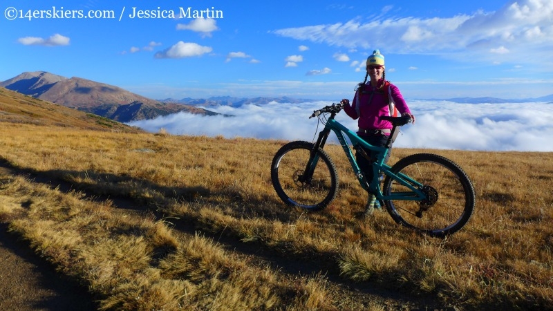 Brittany Konsella mountain biking on Mount Elbert. 