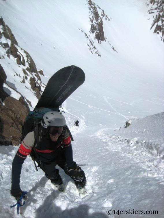 Jarrett Luttrell climing couloir on Mount Eolus.