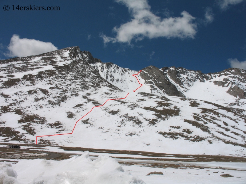 Backcountry skiing line on Mount Evans.