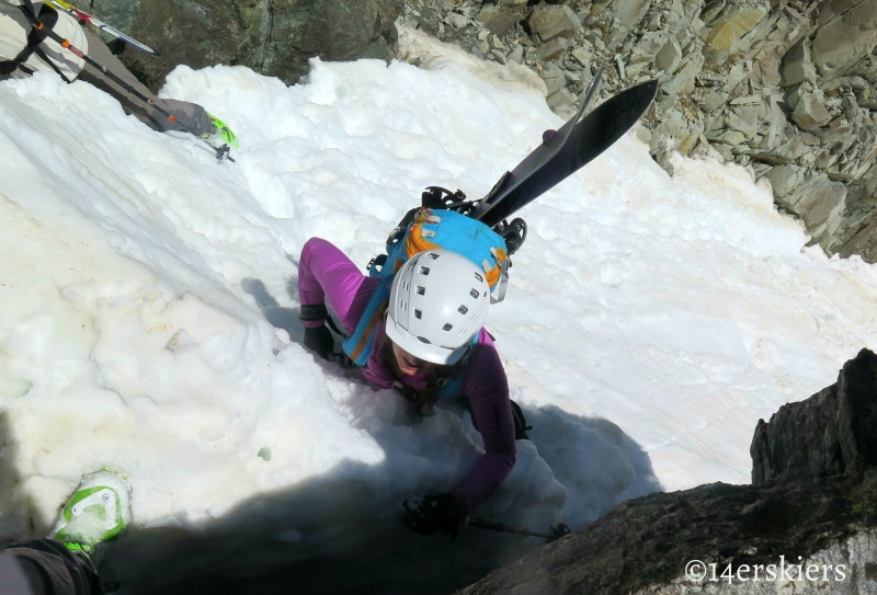 Jessica Martin climbing Flecher Mountain Northeast Couloirs.