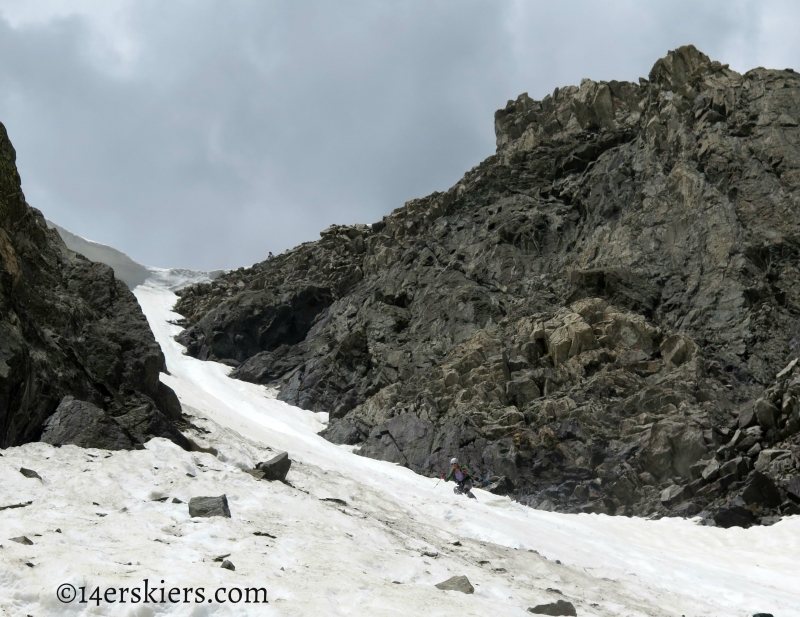 Natalie Moran skiing Fletcher Mountain Northeast Couloirs.