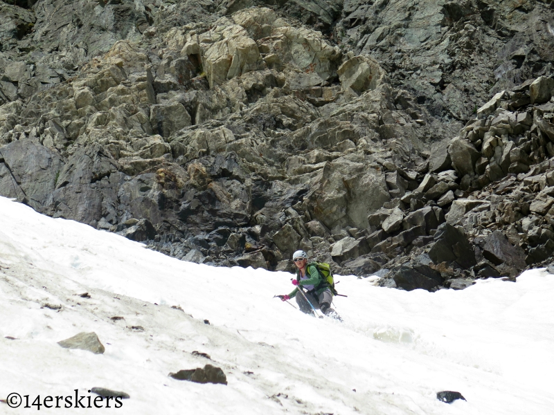 Natalie Moran skiing Fletcher Mountain Northeast Couloirs.