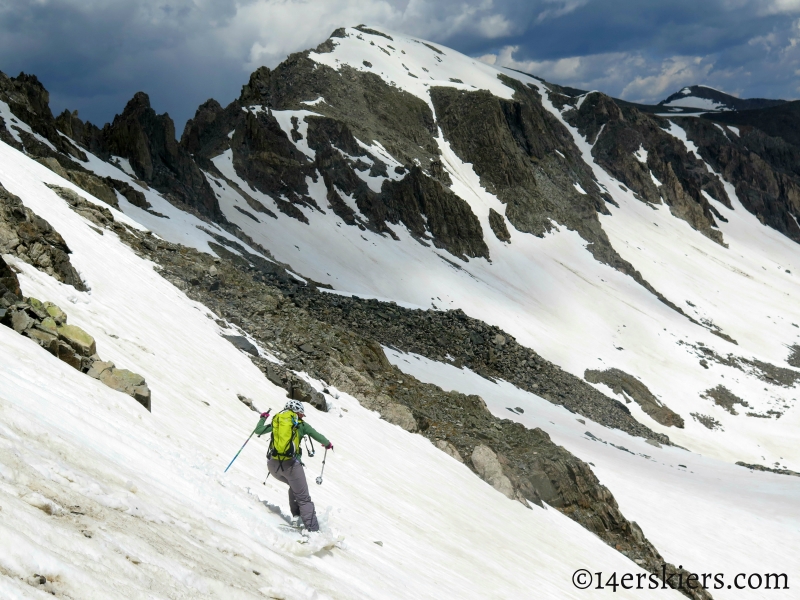 Natalie Moran skiing Fletcher Mountain Northeast Couloirs.