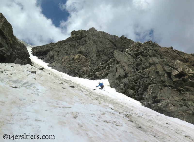 Jessica Martin snowboarding Fletcher Mountain Northeast Couloirs.