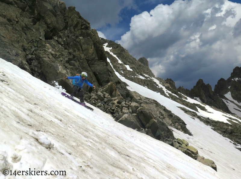 Jessica Martin snowboarding Fletcher Mountain Northeast Couloirs.