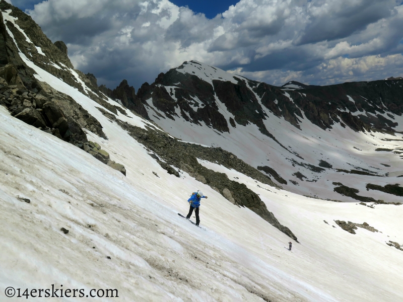 Jessica Martin snowboarding Fletcher Mountain Northeast Couloirs.