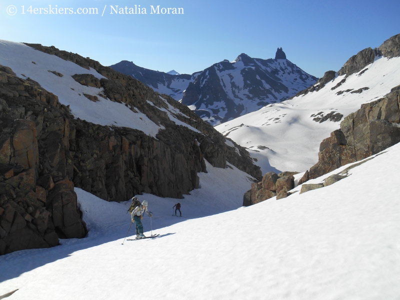 Skinning up Bilk Creek Basin with Lizard Head behind. 