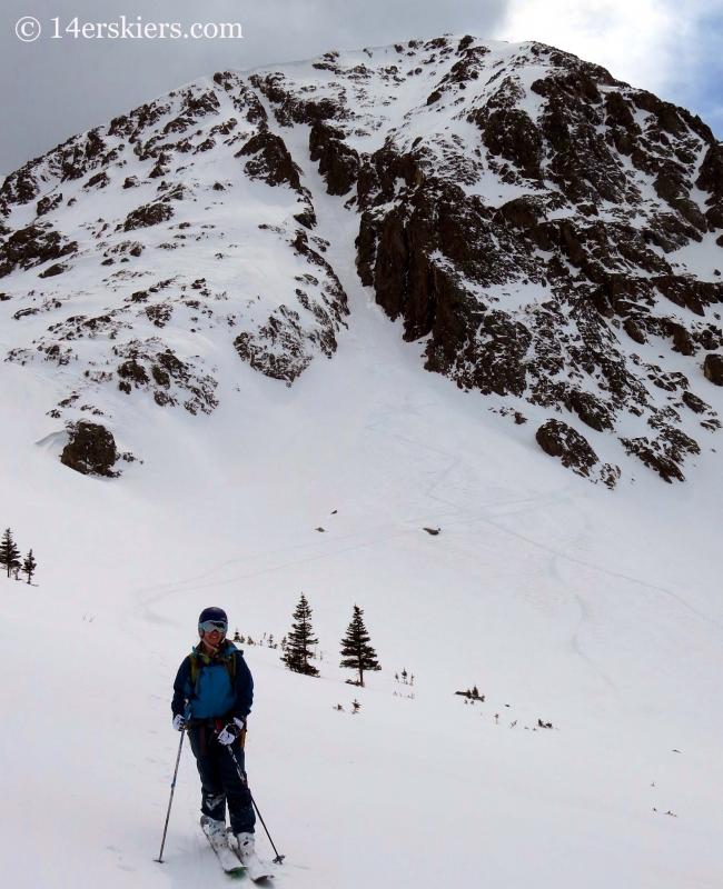 Brittany Walker Konsella with Grizzly Couloir on Grizzly Peak. 