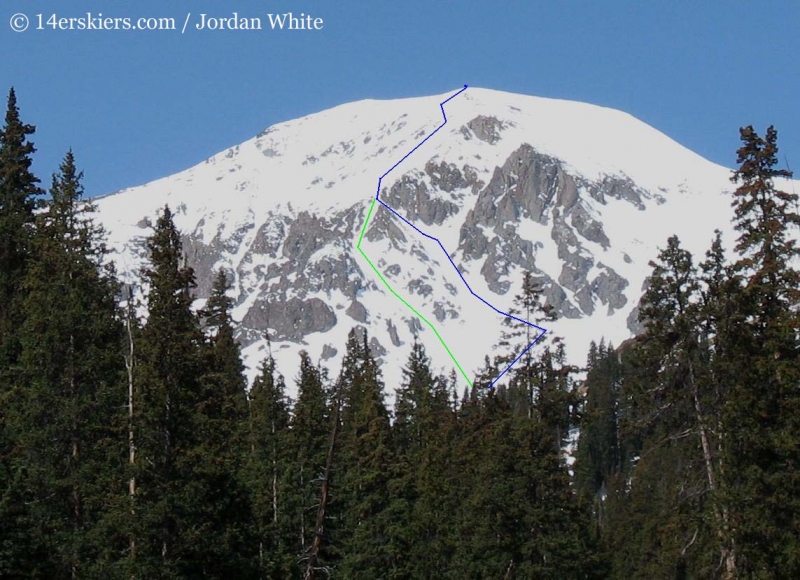 Backcountry skiing lines on the east face of Handies Peak. 