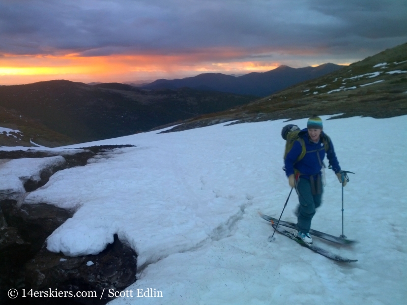 Brittany Konsella skinning in the morning on her way to backcountry ski on James Peak. 