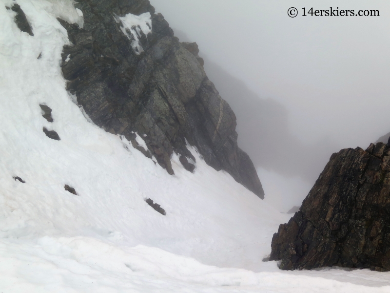 Backcountry skiing couloirs on James Peak. 