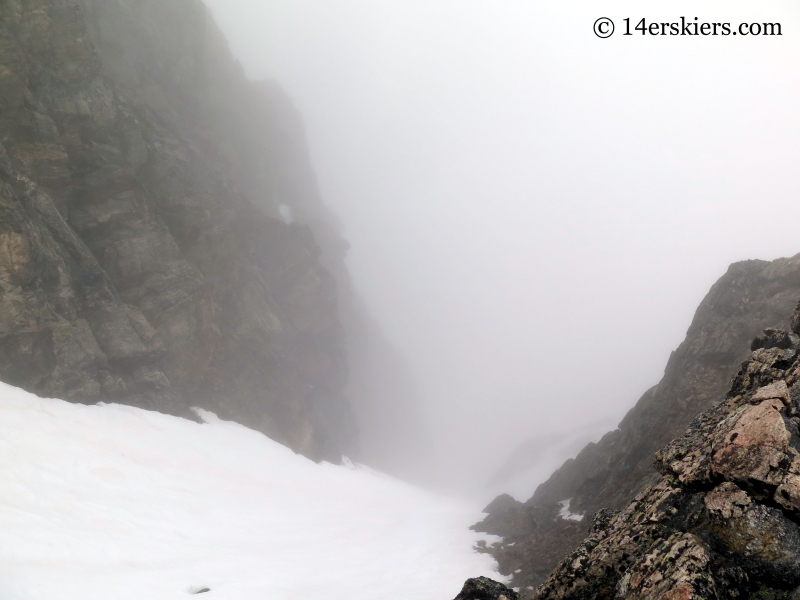 Backcountry skiing couloirs on James Peak. 