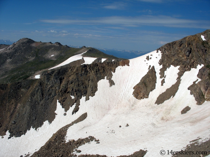 Backcountry skiing Jasper Peak in July.