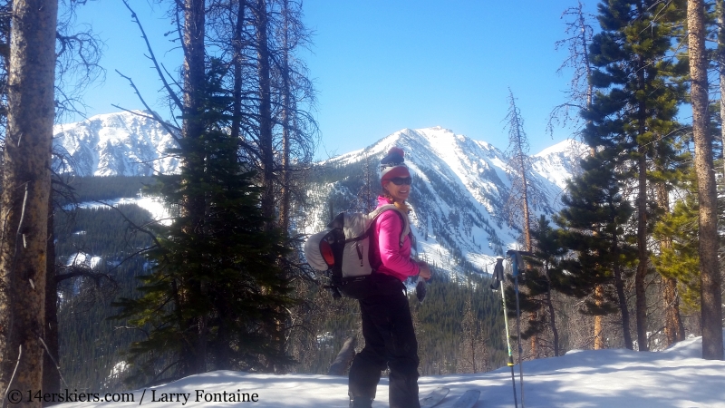 Backcountry skiing Keller Mountain North Couloir, Gore Range. 