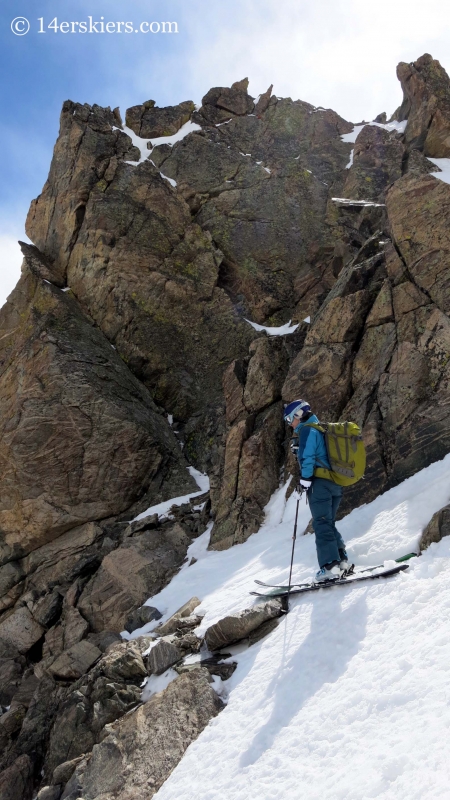 Brittany Konsella backcountry skiing in the southeast couloir on La Plata