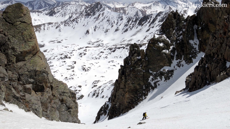 Mark Cavaliero backcountry skiing in the southeast couloir on La Plata