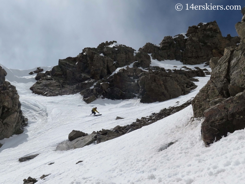 Mark Cavaliero backcountry skiing in the southeast couloir on La Plata